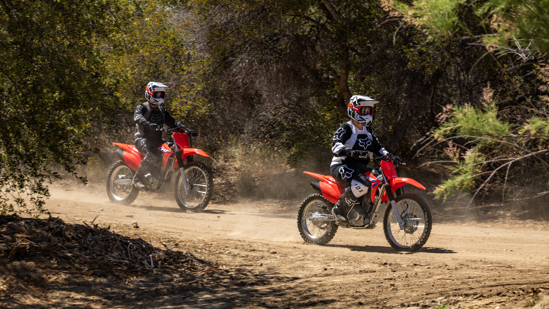 Two Beginner Riders On Honda CRF125Fs Riding On A Trail